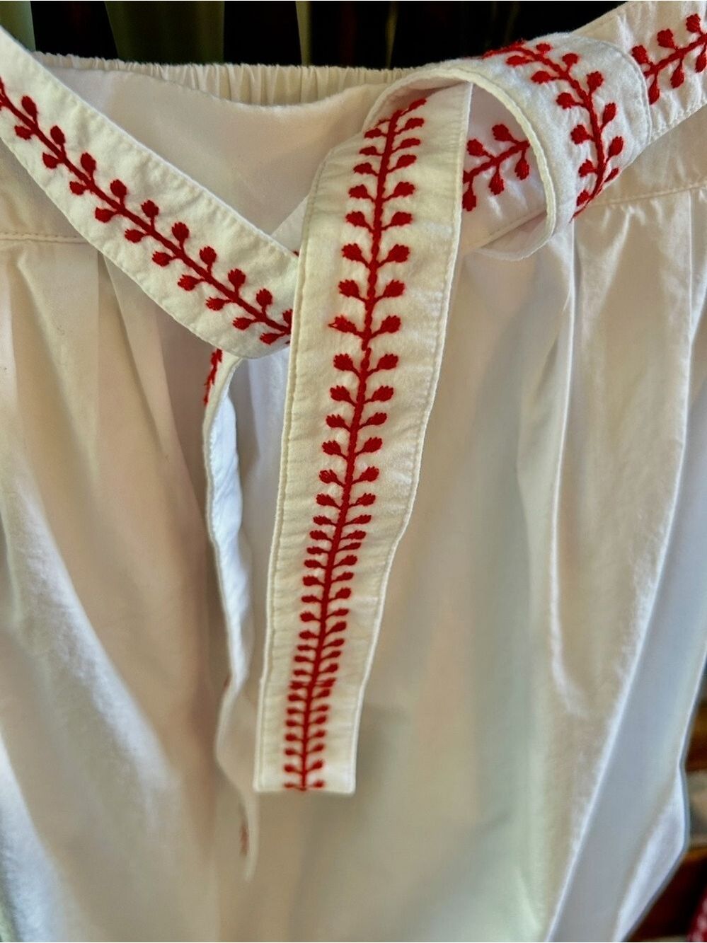 J Crew White Cotton Maxi Skirt Size L Scarlet Red Embroidery Sash Belt Lined - Picture 8 of 16